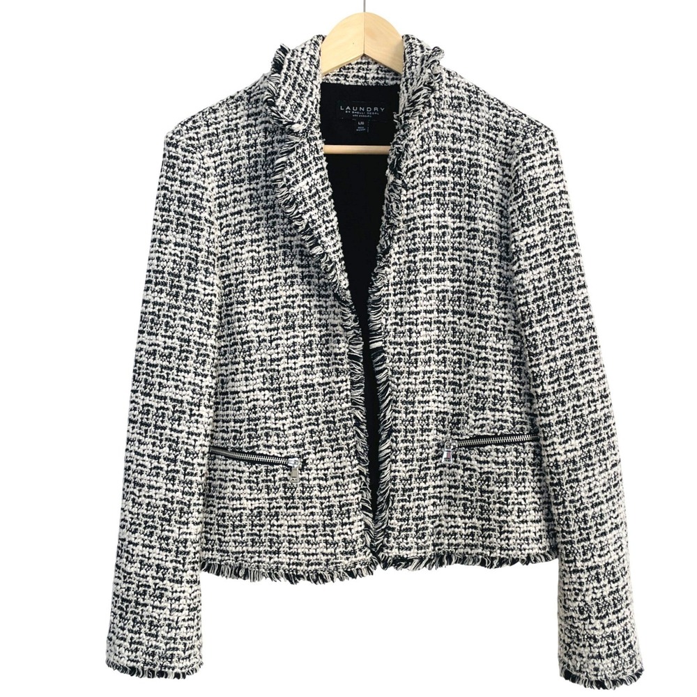 Laundry by Shelli Segal Black White Tweed Fringe Trim Blazer Jacket Large